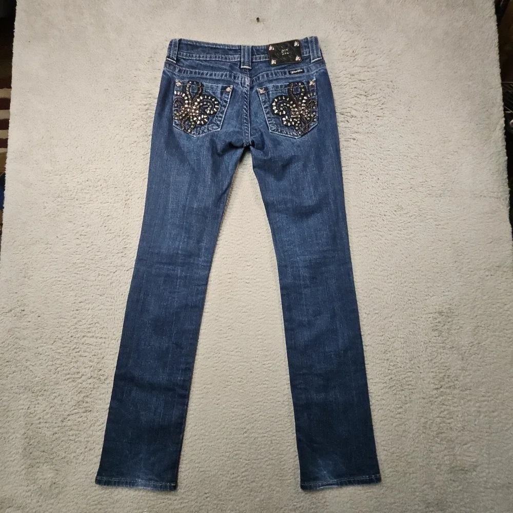 Miss Me Jeans Womens 27 Blue Rhinestone Y2K Bling Western Fleur de Lis Cowgirl